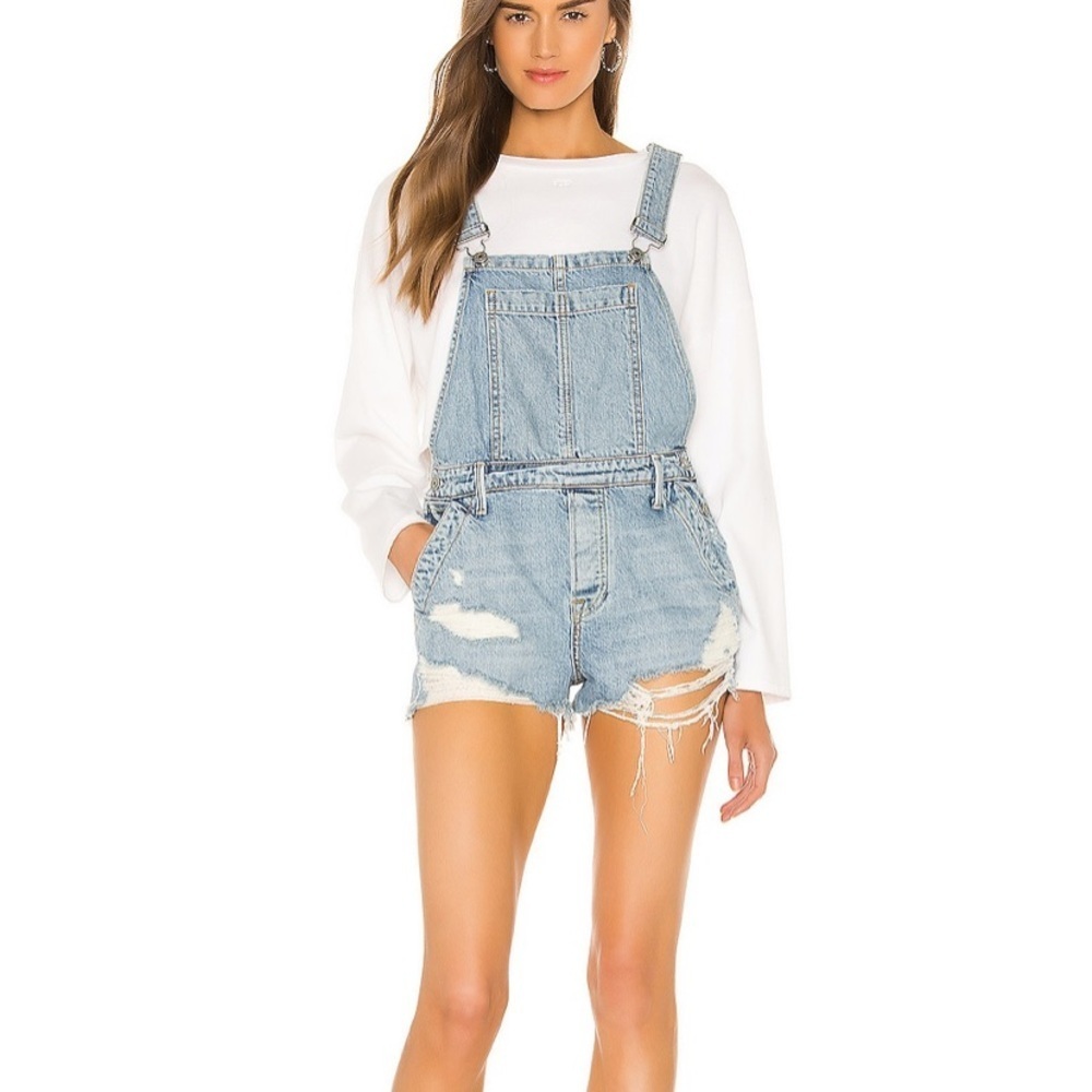 GRLFRND Blue Frankie Denim Distressed Overalls L
